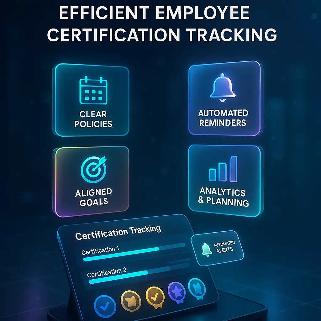 Visual representation of best practices for employee certification tracking, including automated reminders, clear policies, aligned goals, and analytics.