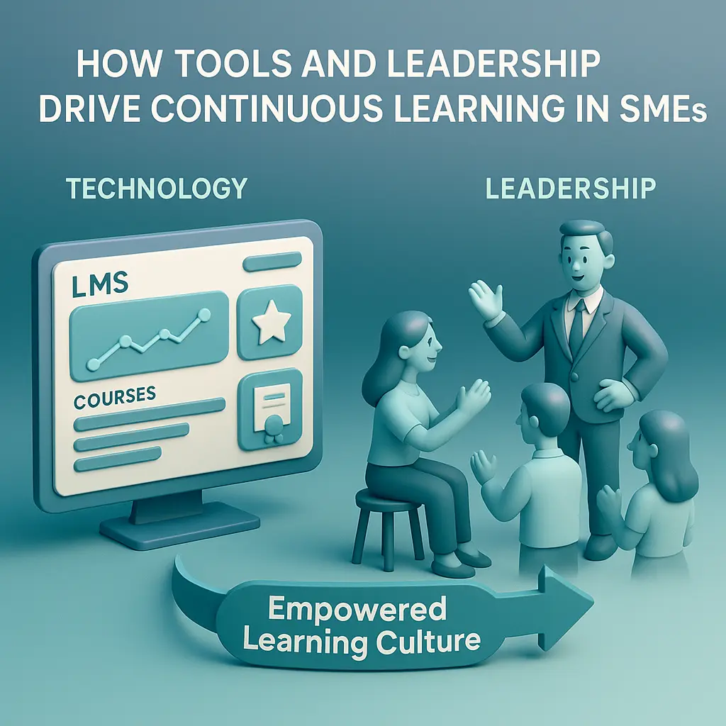 3D infographic illustrating how LMS tools and leadership collaboration help establish a continuous learning culture in SMEs.