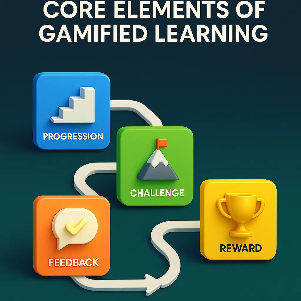 Infographic gameboard showing progression, challenge, feedback, and reward – core elements of Gamification in Employee Learning.