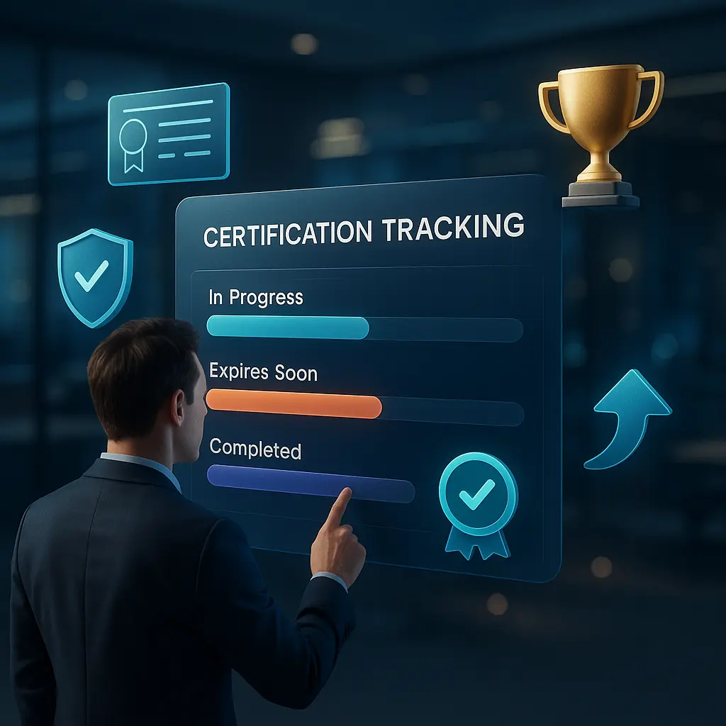 3D-style scene of an employee interacting with a holographic dashboard for employee certification tracking, showing progress, badges, and achievement alerts.