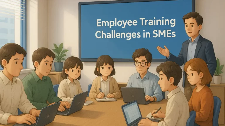 SME employees in a training session with 'Employee Training Challenges in SMEs' on a digital screen.
