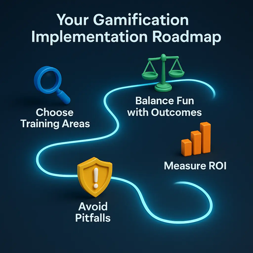 Game-style roadmap illustrating how to choose training areas, balance fun with outcomes, measure ROI, and avoid pitfalls – step-by-step guide to Gamification in Employee Learning.