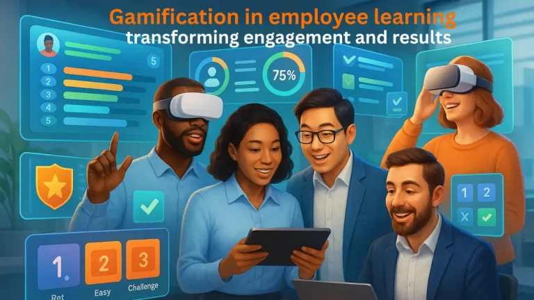 Employees engaging with gamified training dashboards and leaderboards – visualizing Gamification in Employee Learning for higher engagement and results.