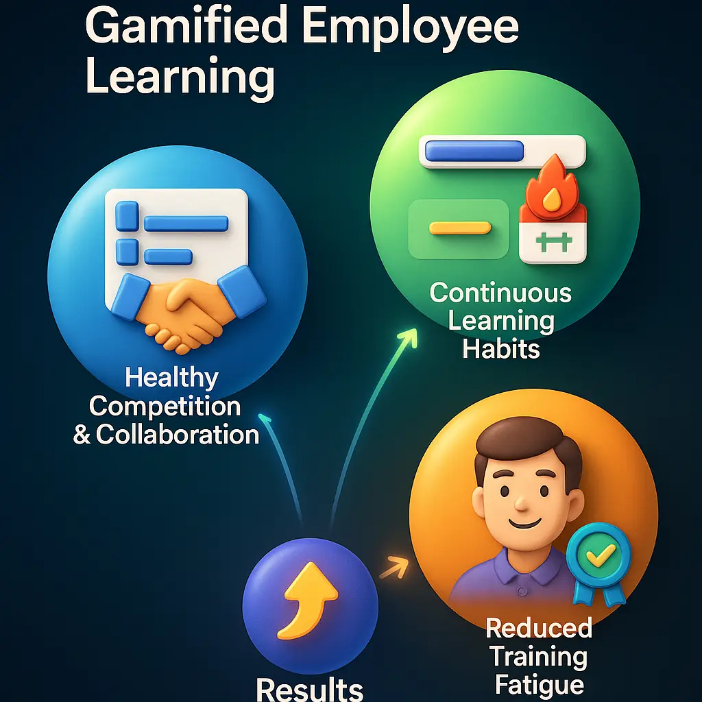 Bright infographic highlighting healthy competition, continuous learning, and reduced fatigue – key benefits of Gamification in Employee Learning.