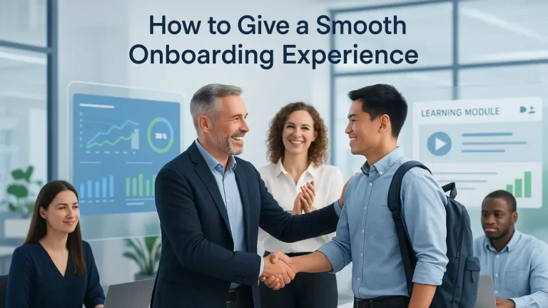 Hybrid workplace showing a smooth onboarding experience with digital learning tools.