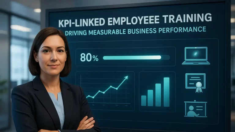 HR professional reviewing KPI dashboards and training progress, symbolizing KPI-linked employee training for measurable business success.