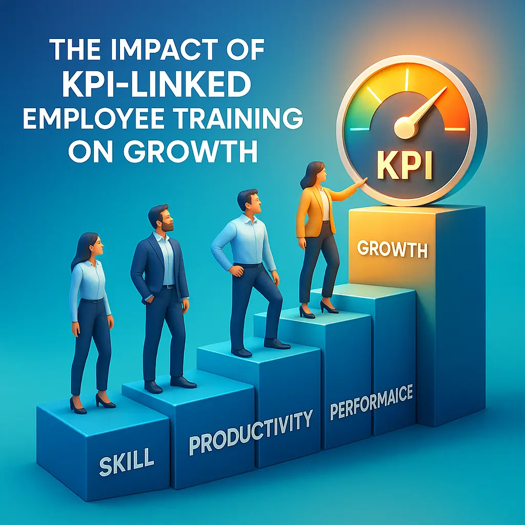 A 3D realistic business growth visual with employees climbing performance bars toward a glowing KPI meter, symbolizing the impact of KPI-linked employee training on workforce and organizational growth.