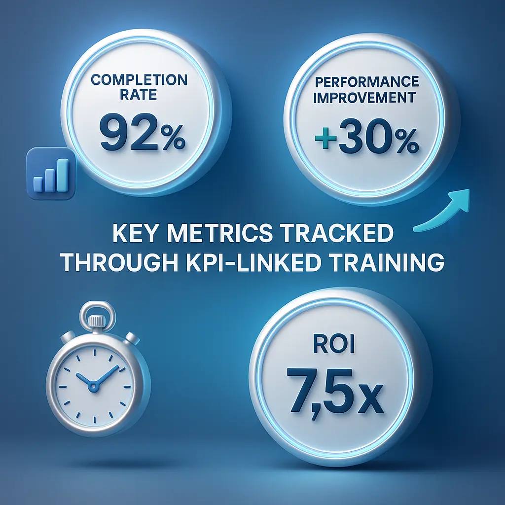 3D realistic infographic showing data tiles and analytics icons representing key metrics tracked through KPI-linked employee training, including productivity, completion rate, and ROI.