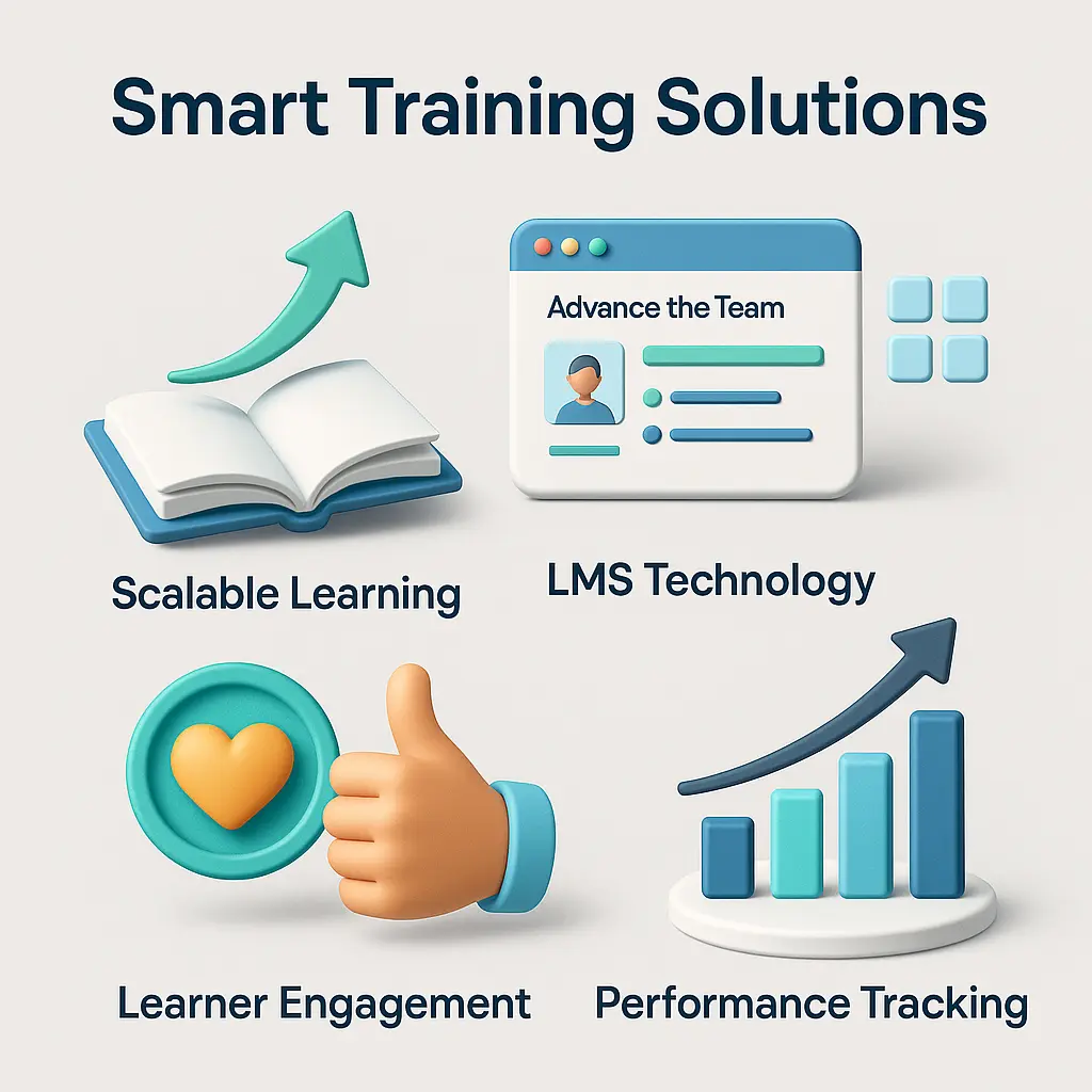 Infographic showing smart solutions for employee training challenges in SMEs: scalable learning, LMS technology, engagement, and performance tracking.