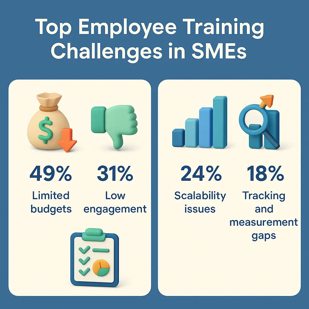 Infographic showing top employee training challenges in SMEs: limited budgets, low engagement, scalability, and tracking gaps.