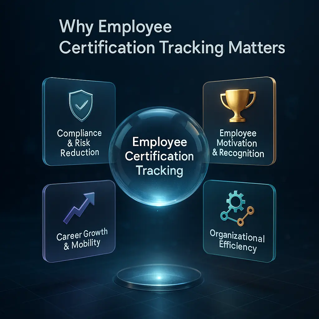 Infographic illustrating why employee certification tracking matters, including compliance, motivation, career growth, and organizational efficiency.