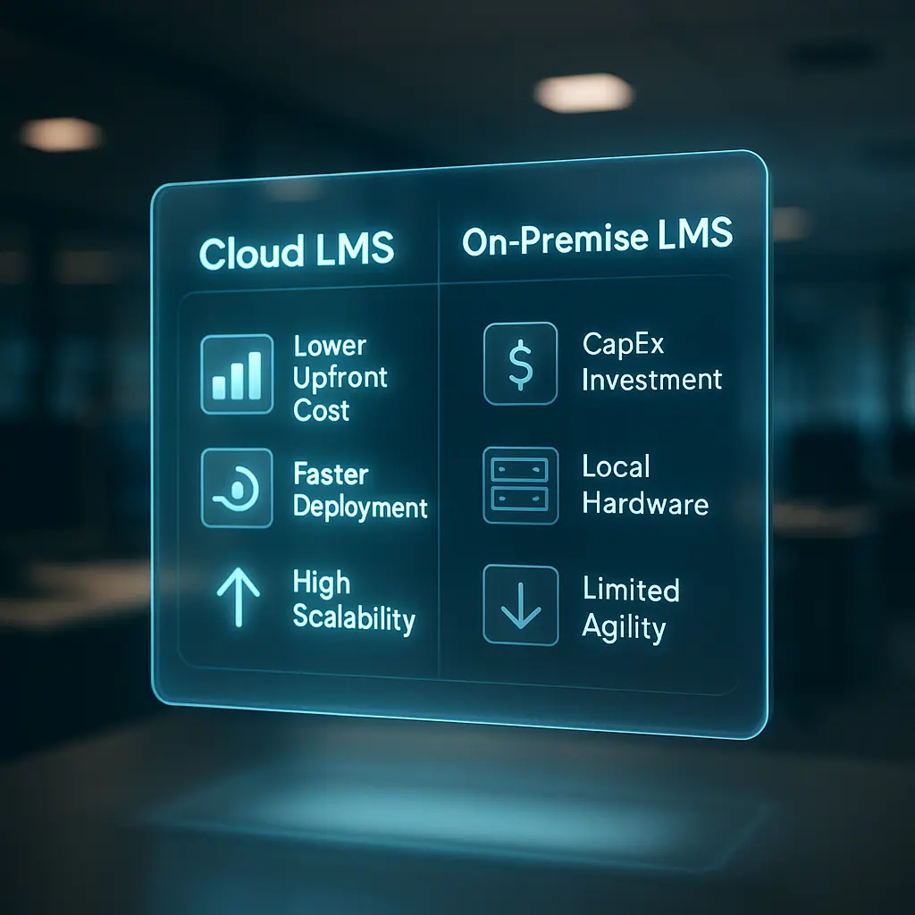 Cloud vs On-Premise LMS for SMEs cost and scalability comparison infographic.