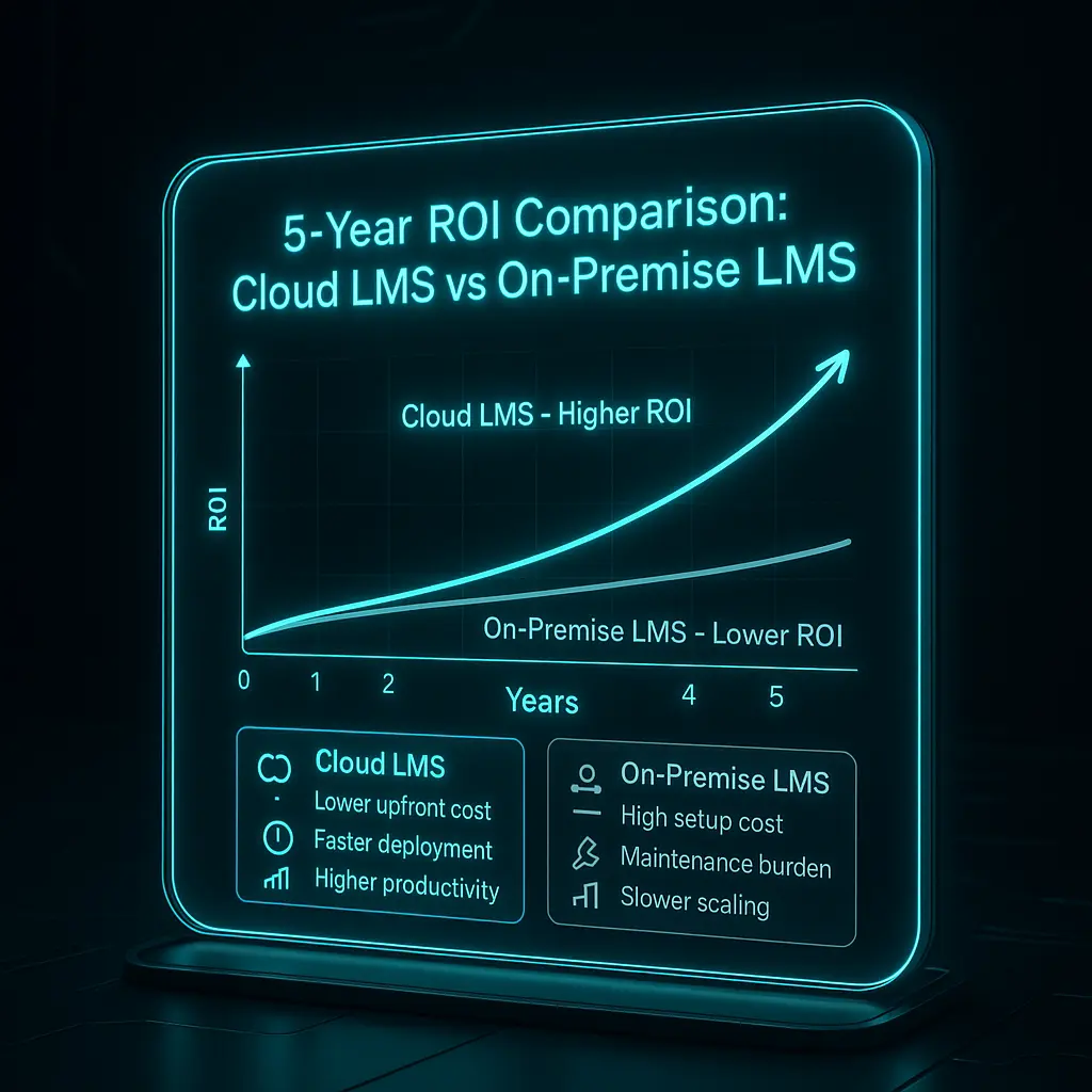 Cloud vs On-Premise LMS for SMEs 5-year ROI projection chart.