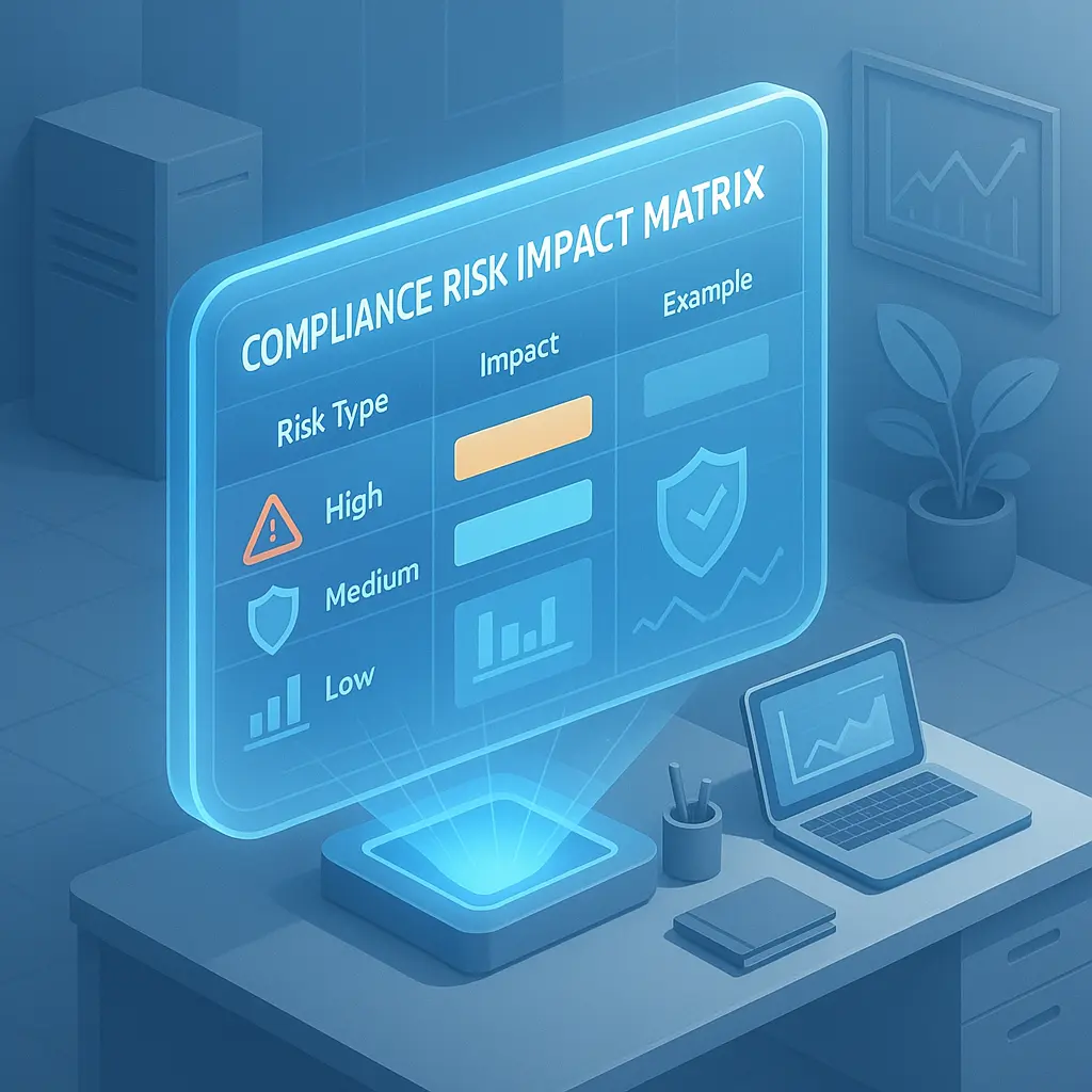 3D infographic showing Compliance Risk Impact Matrix with risk type, impact, and example visualized through digital analytics.