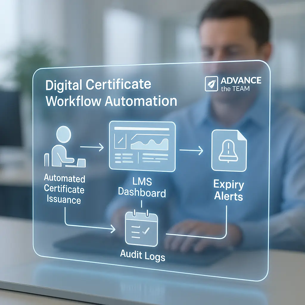 3D illustration of digital certificate workflow automation in Advance the Team LMS showing expiry alerts, audit logs, and compliance tracking.