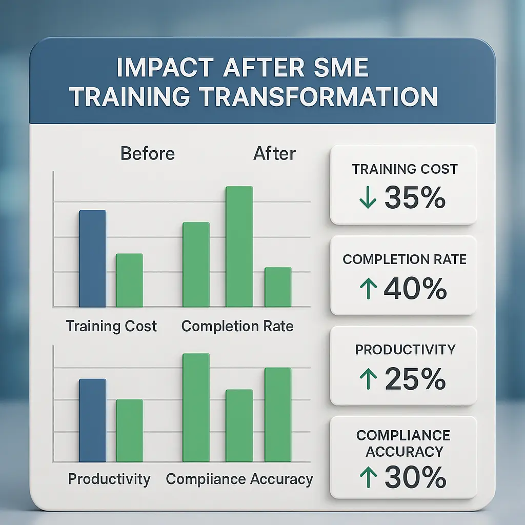 3D analytics dashboard infographic showing SME training transformation results such as cost reduction, productivity gains, and higher compliance.