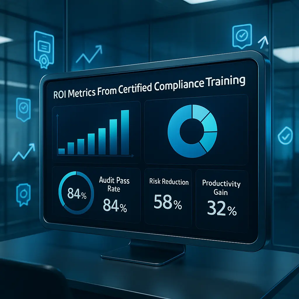 3D futuristic dashboard displaying ROI metrics from certified Compliance Training Certificates with charts and analytics visuals.