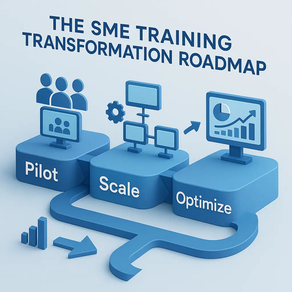 Three-phase roadmap infographic illustrating pilot, scale, and optimize stages of SME training transformation.
