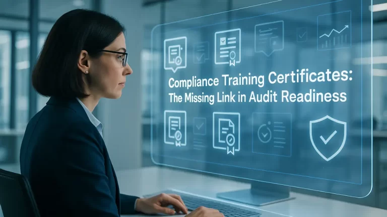 3D corporate scene showing an HR manager reviewing Compliance Training Certificates on a digital dashboard for audit readiness.
