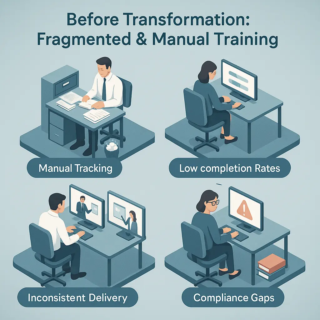 3D infographic showing fragmented and manual SME training processes with disconnected systems and compliance issues.