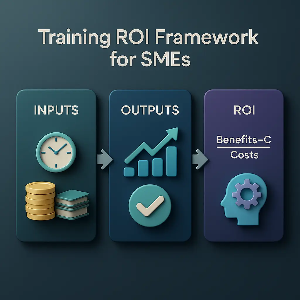 3D infographic explaining the ROI framework for SMEs to optimize SME training measurement