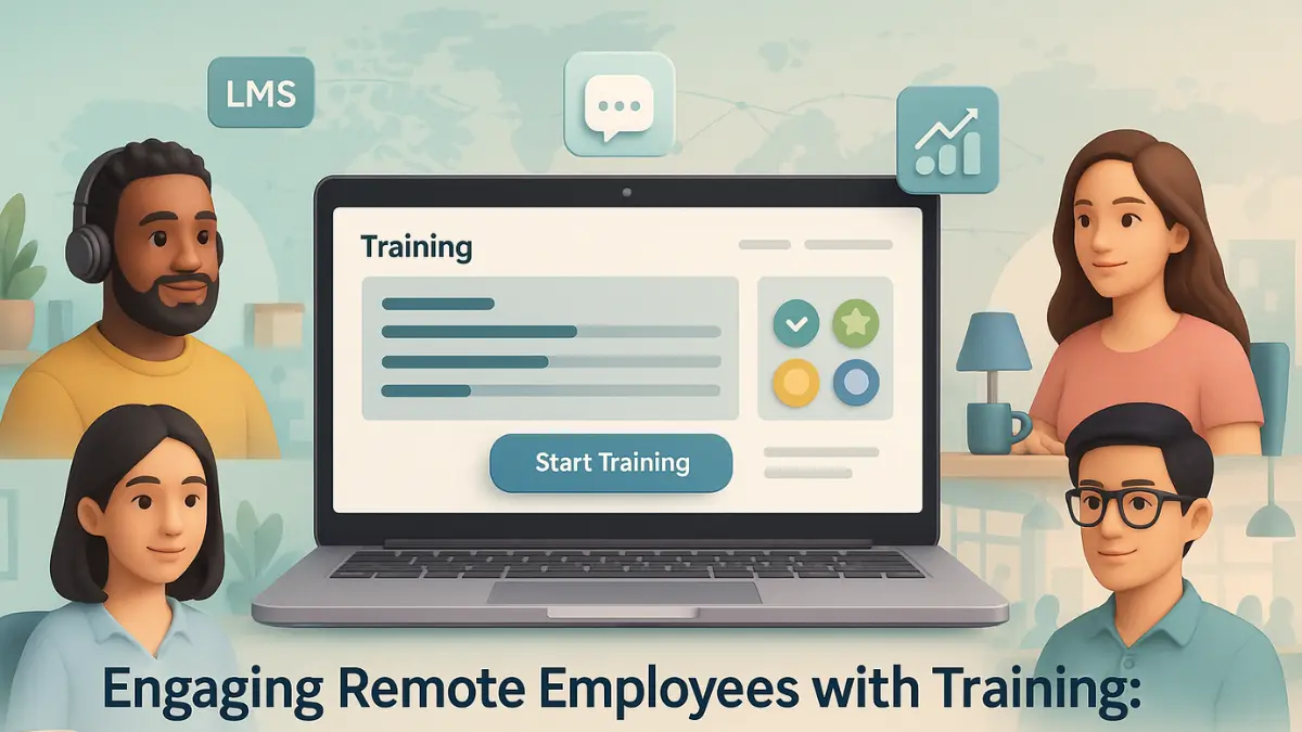 3D illustration of remote employee training with virtual dashboard, global collaboration, and diverse remote workers.