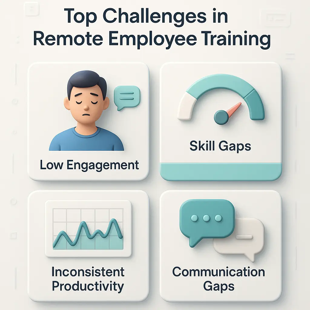 3D illustration of remote employee training with virtual dashboard, global collaboration, and diverse remote workers.