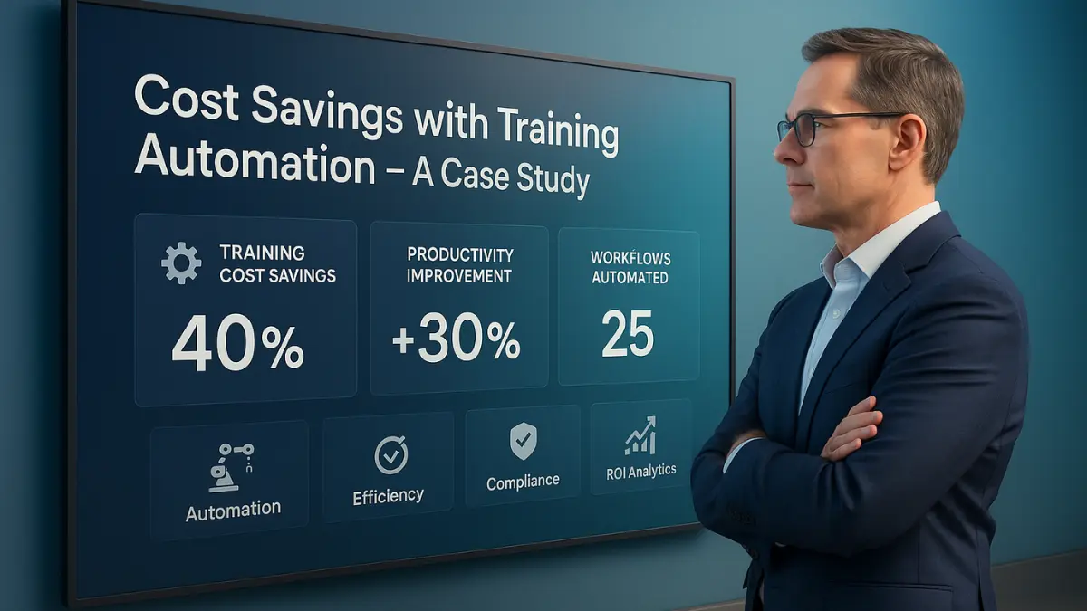CFO reviewing training automation dashboard showing cost savings and ROI