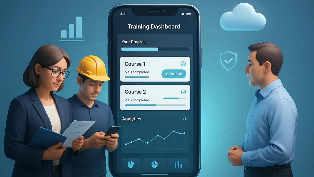 3D illustration showing modern mobile training solutions for SMEs with employees learning on smartphones and a digital HR dashboard.